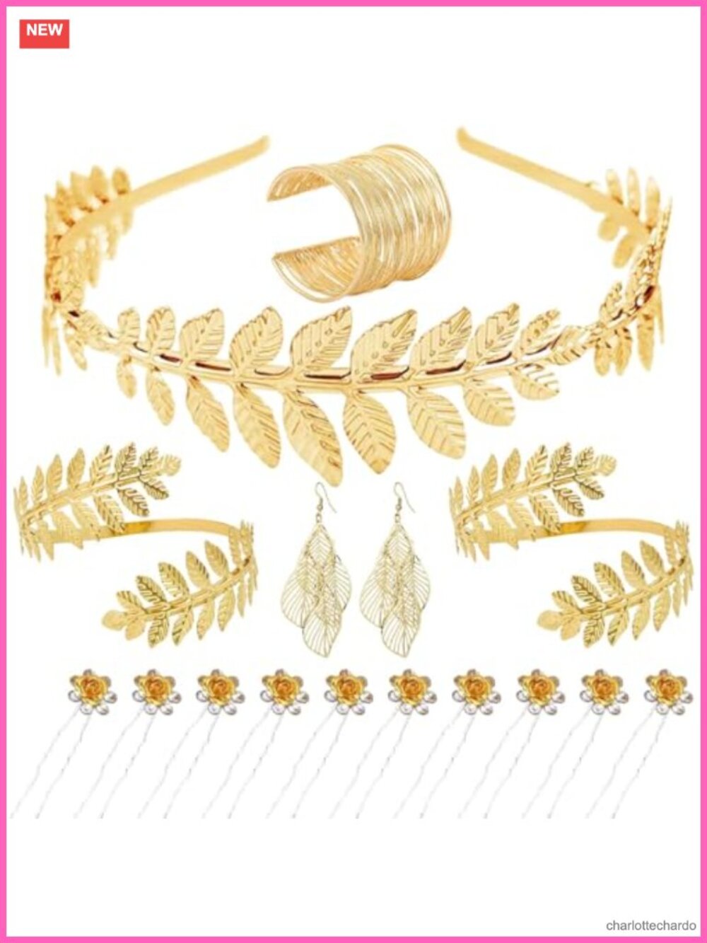 Greek Goddess Costume Accessory Set Gold Alloy Leaf Headband Armlet Earrings